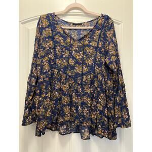 Annabelle Women’s V Neck Long Sleeve Boho Casual Floral‎ Blouse Top Size L Blue